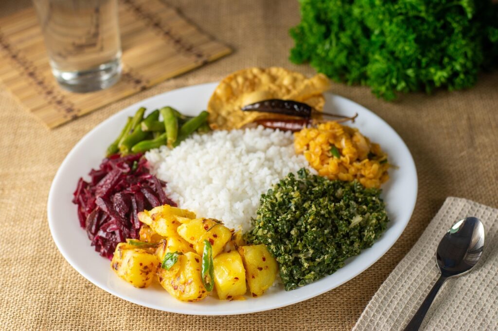 rice, curry, food, dish, cuisine, meal, sri lankan, rice and curry, vegetable, tasty, delicious, traditional, closeup